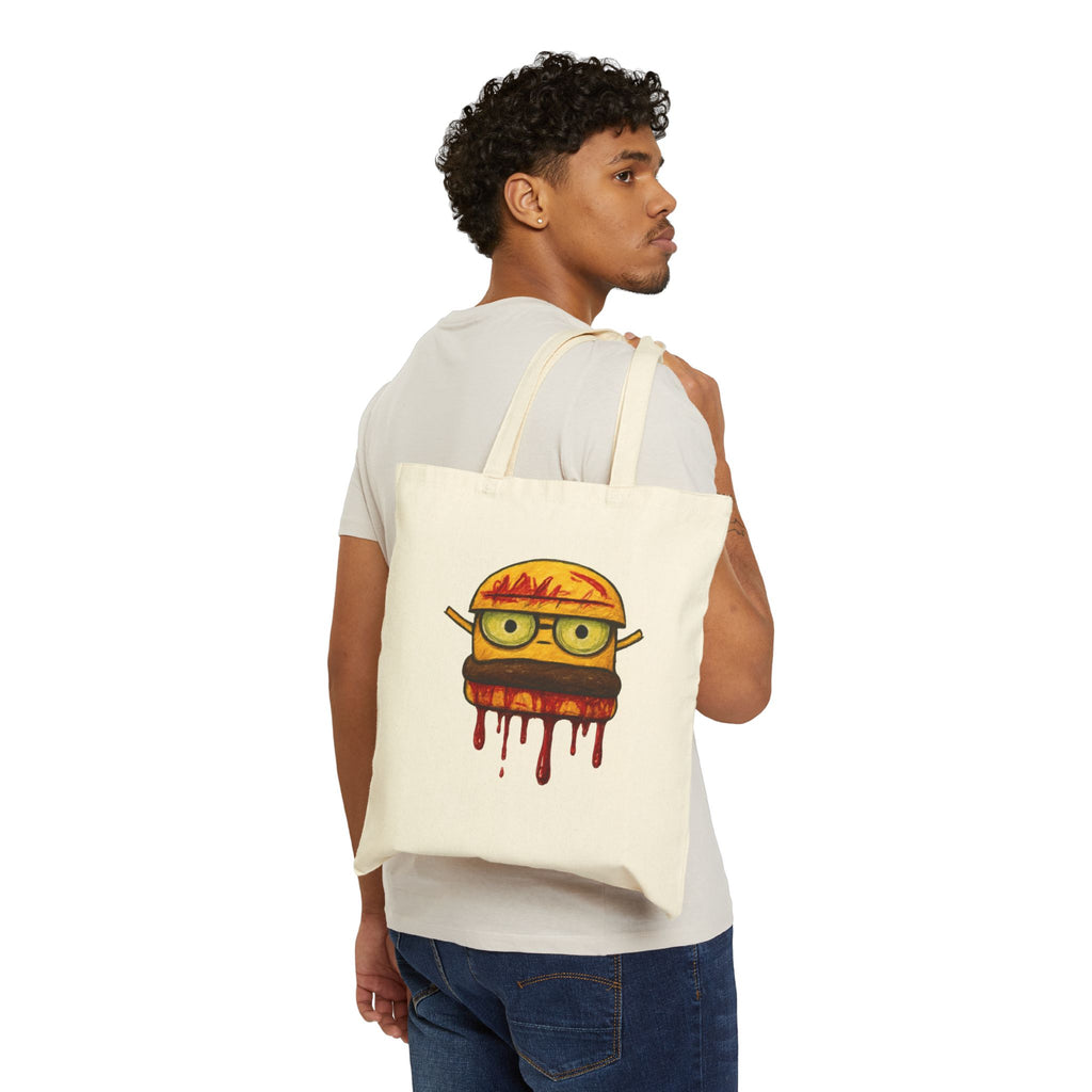 Burger Nerd Canvas Tote Bag — Cute Dripping Cheeseburger with Glasses Cotton Tote