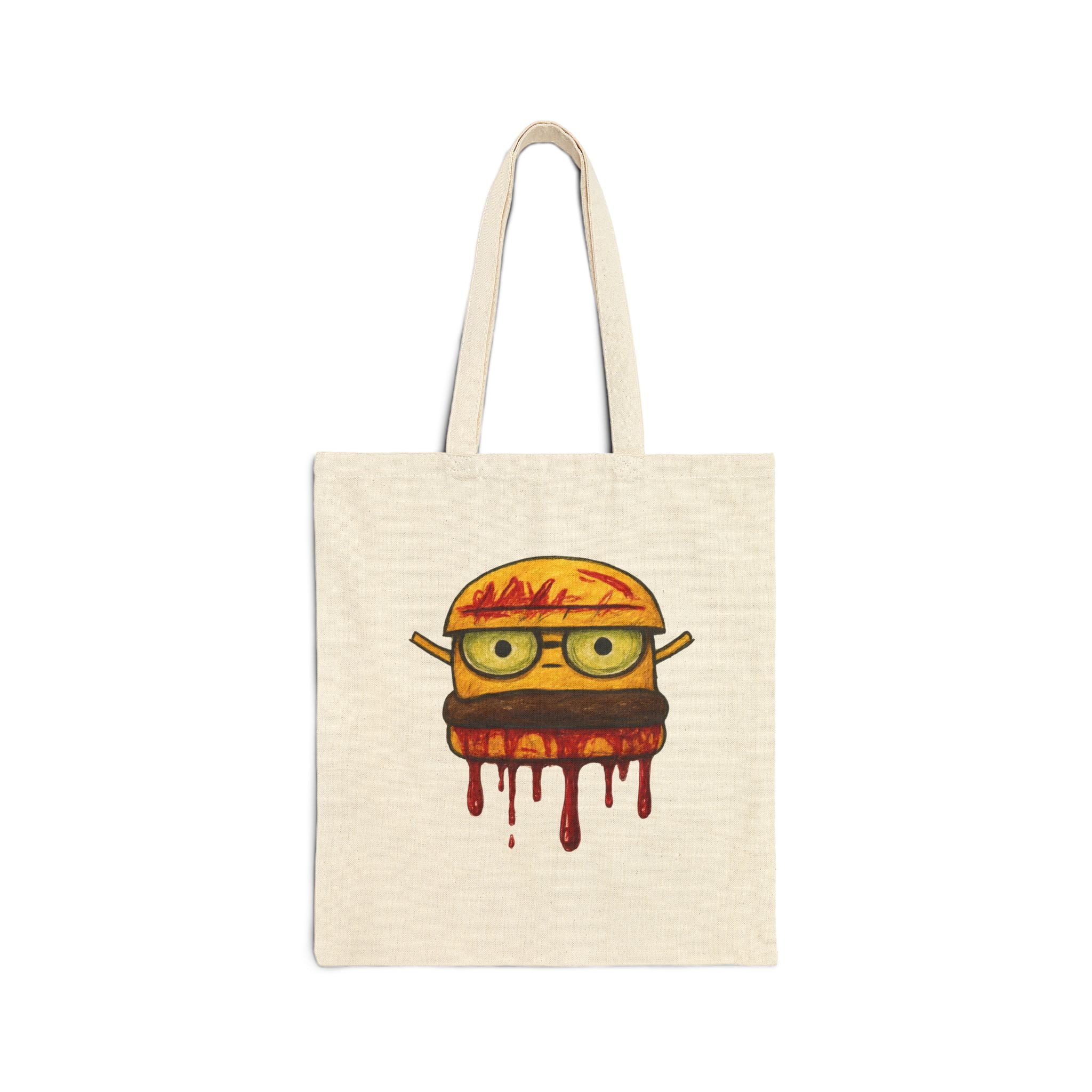 Burger Nerd Canvas Tote Bag — Cute Dripping Cheeseburger with Glasses Cotton Tote
