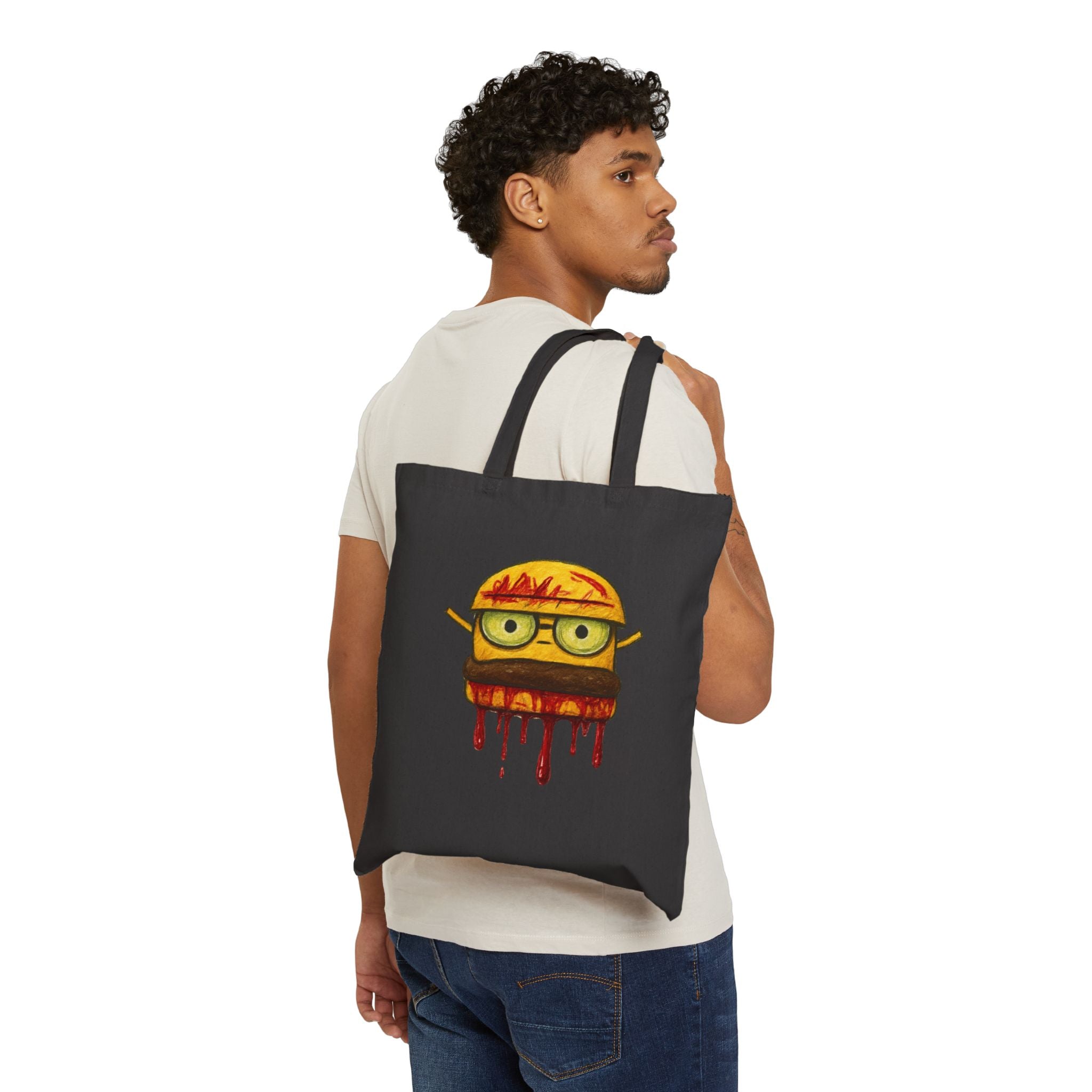 Burger Nerd Canvas Tote Bag — Cute Dripping Cheeseburger with Glasses Cotton Tote